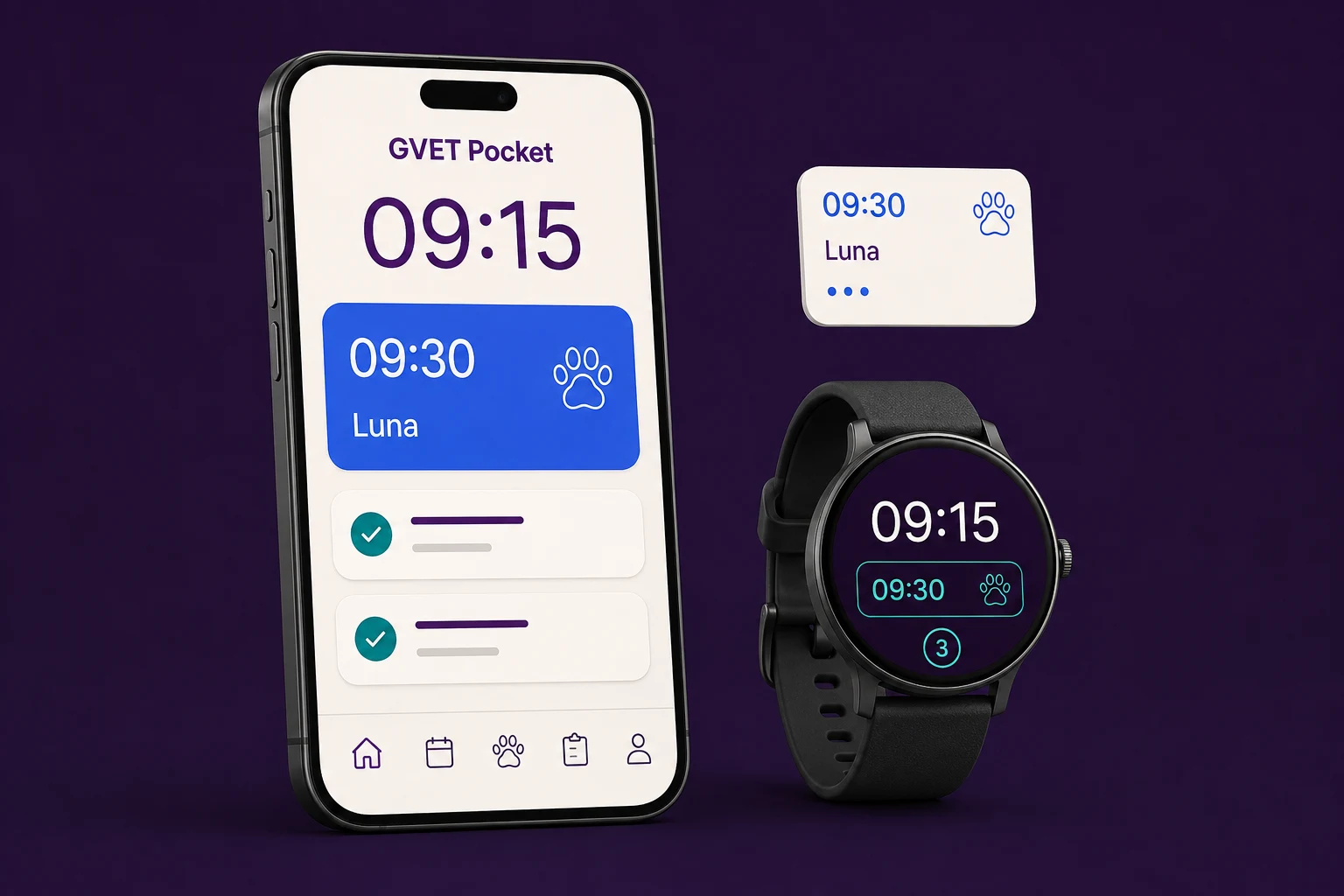 Concepto de teléfono y reloj con la próxima consulta de GVET Pocket.