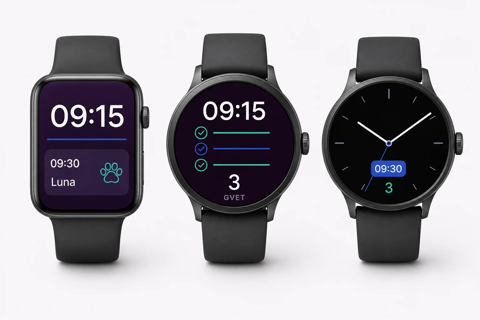 Tres conceptos de reloj GVET Pocket: próxima consulta, tareas y modo discreto sin nombres de pacientes.